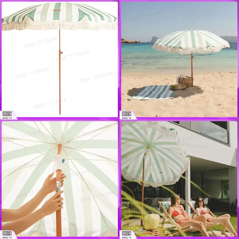 Outdoor Furniture Green - 휴대용 녹색과 흰색 줄무늬 프린지 비치