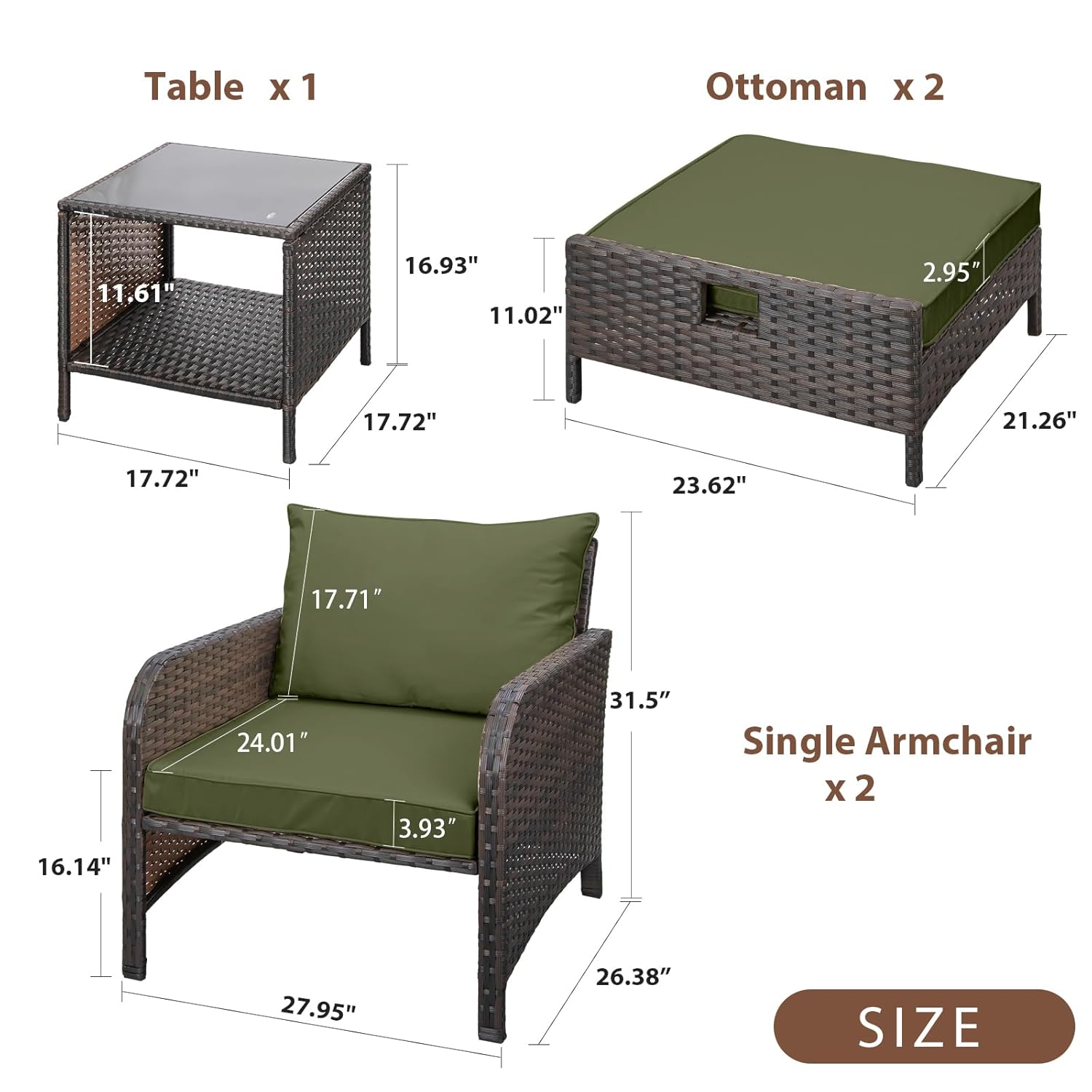 5피스 PE 라탄 파티오 세트 야외 라운지 의자 오토만 - Outdoor Furniture Green 리뷰 및 가격