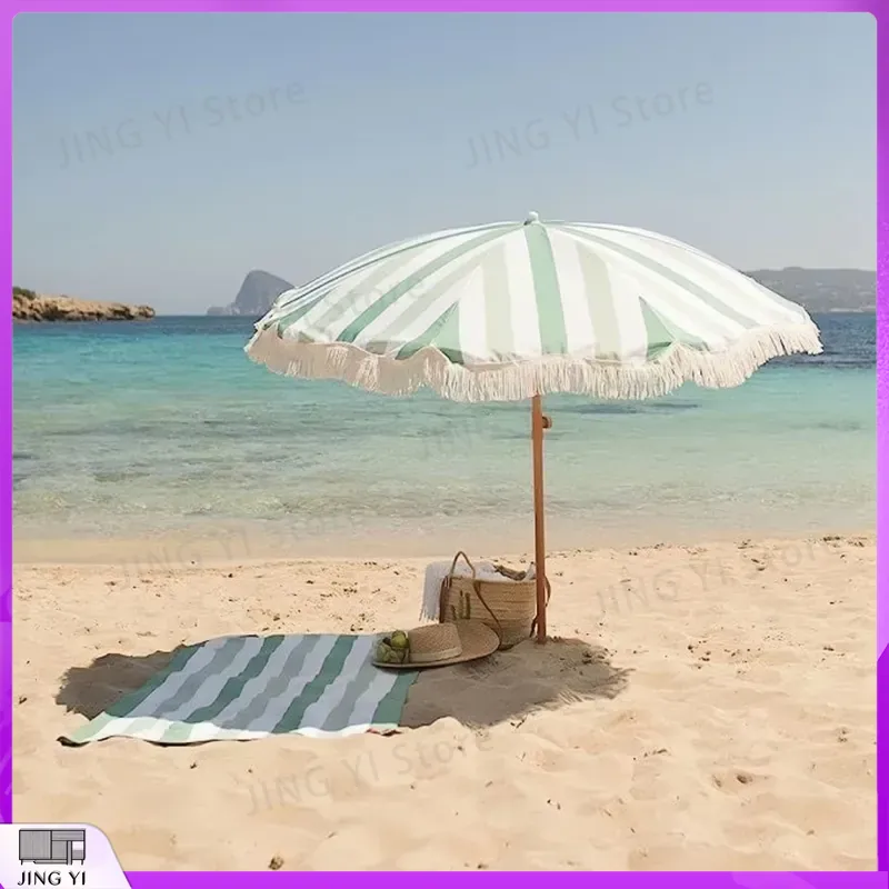 휴대용 녹색과 흰색 줄무늬 프린지 비치 우산 (야외 자 - Outdoor Furniture Green 리뷰 및 가격
